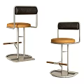 Retro Industrial Leather Padded Bar Stools With Polished Chrome Frame Backrest And Wooden Footrest