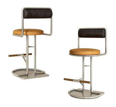 Retro Industrial Leather Padded Bar Stools With Polished Chrome Frame Backrest And Wooden Footrest 3d model
