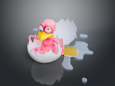 Cute Pink Bird Emerging From Broken Eggshell With Spilled Liquid Around 3d model