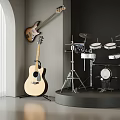 Modern Music Space With Hanging Bass Guitar Standing Acoustic And Drum Set