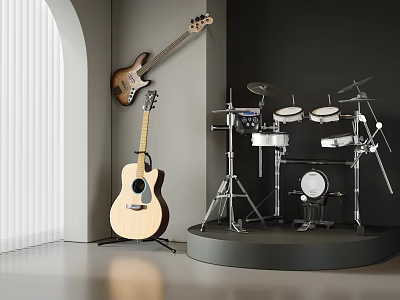 Modern Music Space With Hanging Bass Guitar Standing Acoustic And Drum Set 3d model