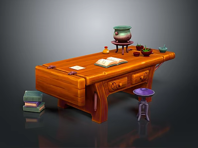 Traditional Wooden Writing Desk Featuring Open Book Green Jar and Purple Stool 3d model