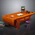 Traditional Wooden Writing Desk Featuring Open Book Green Jar and Purple Stool