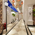 Elevator Corridor With Starry Ceiling Chandeliers Marble Floor White Doors And Bicycle 3d model