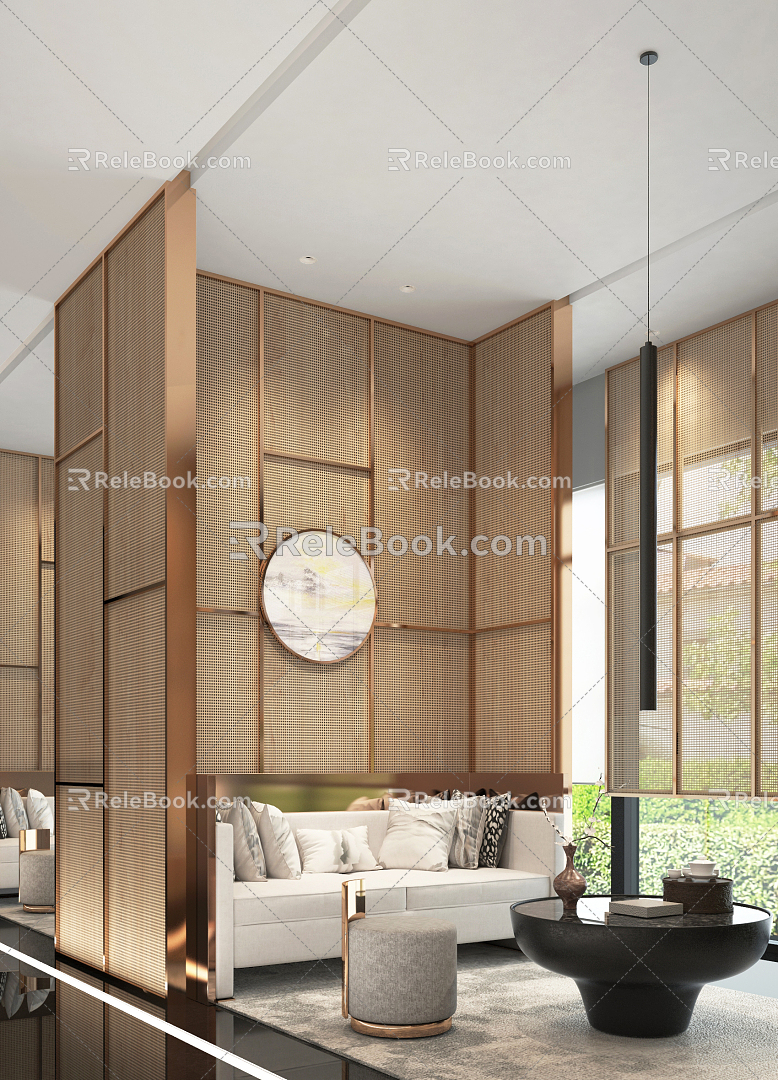 New Chinese-style Reception Area Sales Office Reception Area Hotel Lobby Rest Area Partition Screen Background Wall 3d model