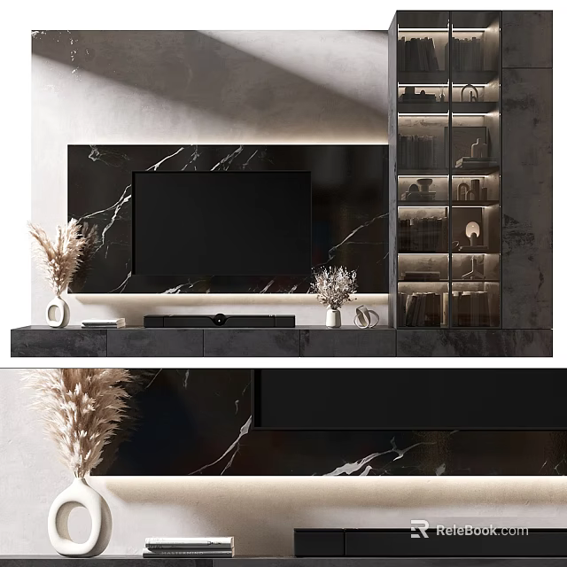 Modern Marble TV Wall Interior Design With Display Cabinets And Decorative Vases 3d model