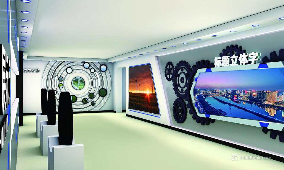 Stereoscopic Optimization Exhibition Space With Gear Decorations Display Screens And Cityscape 3d model 