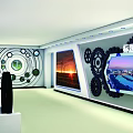 Stereoscopic Optimization Exhibition Space With Gear Decorations Display Screens And Cityscape