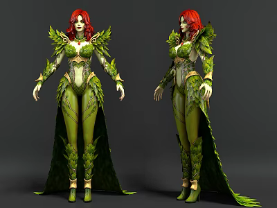 Game Movie Character With Red Hair Green Leaf Costume Long Dress And High Heels Design 3d model