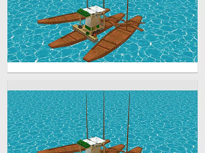 Traditional Wooden Boat With Small Platform And Floats On Blue Water 3d model