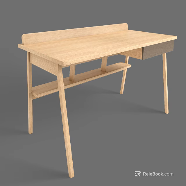 Modern Light Wood Desk With Drawer And Lower Storage Shelf 3d model 