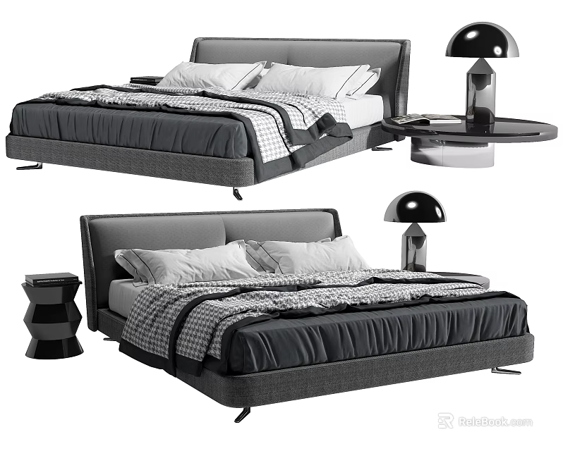 Modern Grey Upholstered Double Bed With Plaid Bedding And Bedside Table Lamp 3d model