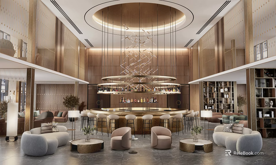 Hotel Lobby Elegant Interior With Circular Chandelier Bar Counter And Plush Seating 3d model 