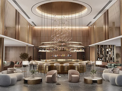 Hotel Lobby Elegant Interior With Circular Chandelier Bar Counter And Plush Seating 3d model