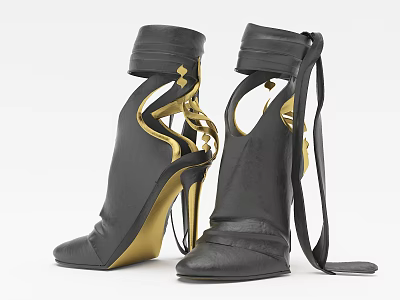 Black Leather High Heels With Gold Accents Lace-up Straps And Cut-out Design 3d model