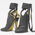 Black Leather High Heels With Gold Accents Lace-up Straps And Cut-out Design