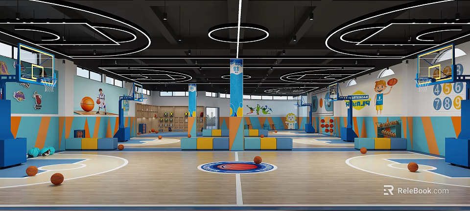 Indoor Basketball Court With Colorful Padding Hoops And Lights 3d model 