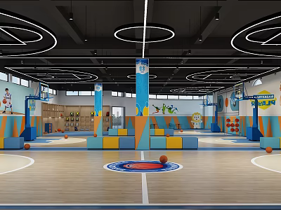 Indoor Basketball Court With Colorful Padding Hoops And Lights 3d model