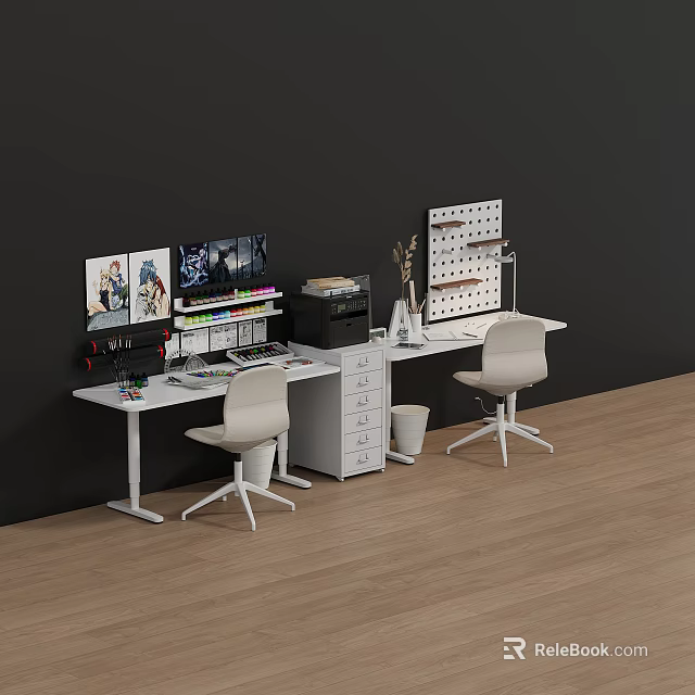 Modern Work Desk Setup With White Chairs Drawer Cabinet Wall Pegboard And Computer Monitors 3d model 