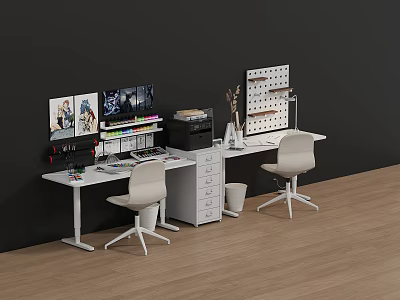 Modern Work Desk Setup With White Chairs Drawer Cabinet Wall Pegboard And Computer Monitors 3d model