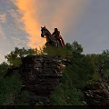 Ancient Warrior on Horseback Standing Atop Hilltop With Green Trees and Sunset Sky