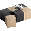 Modular Coffee Table In Black And Light Wood With Glass Cups And Magazines