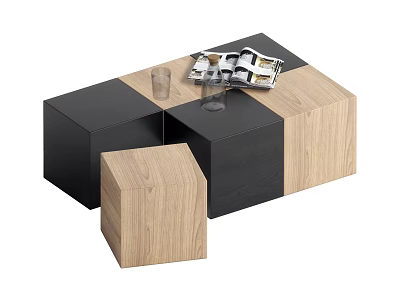 Modular Coffee Table In Black And Light Wood With Glass Cups And Magazines 3d model