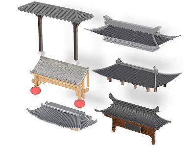 Traditional Chinese Architectural Components With Wooden Pillars Tile Roofs And Diverse Eave Styles 3d model