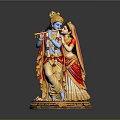 Krishna Radha Sculpture With Blue Skin Flute Red Gold Attire And Golden Decorative Base