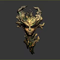 Fantasy Game Movie Character Head With Floral Flame Like Ornaments And Gold Green Brown Textured Surface