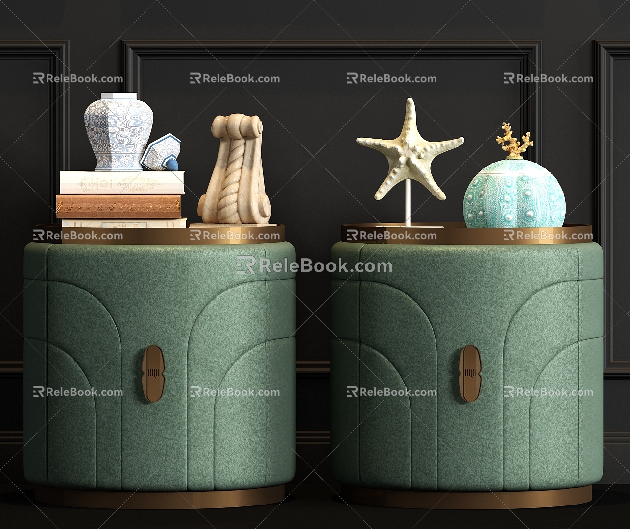 New Chinese Metallic Leather Round Bedside Cabinet Jewelry Combination 3d model