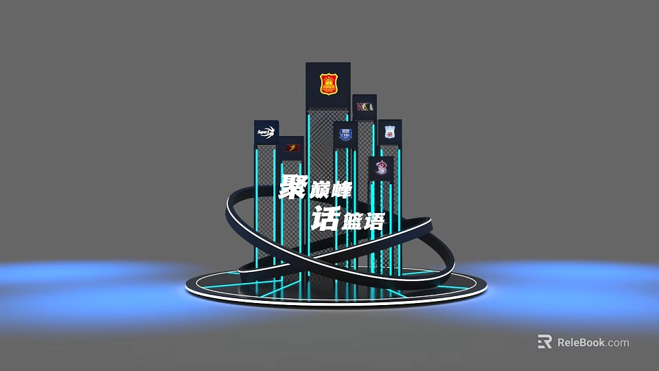 Cyberpunk Themed Photo Check In Spot With Neon Illuminated Buildings And Logos 3d model 