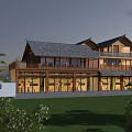 Traditional Chinese Guesthouse Architecture With Wooden Exterior Swimming Pool Greenery And Evening Lighting