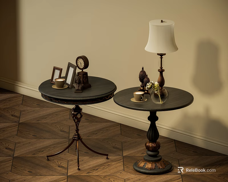 Vintage Round Tables With Metal Bases And Decorative Clock Lamp Sculpture On Wooden Floor 3d model 