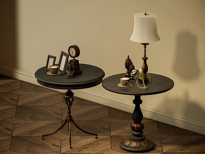 Vintage Round Tables With Metal Bases And Decorative Clock Lamp Sculpture On Wooden Floor 3d model