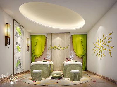 Luxury SPA Sauna Interior With Two Massage Beds Green Curtains And Circular Ceiling Light 3d model
