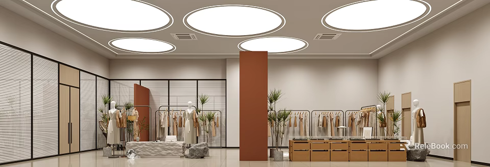 Clothing Store Interior With Circular Ceiling Lights Brown Pillar Racks Mannequins Plants And Wooden Cabinets 3d model 