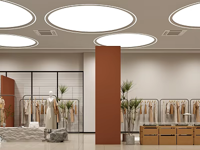 Clothing Store Interior With Circular Ceiling Lights Brown Pillar Racks Mannequins Plants And Wooden Cabinets 3d model