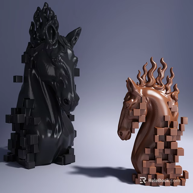 Artistic Horse Head Sculptures With Black Brown Cube Structure And Flame Design 3d model 