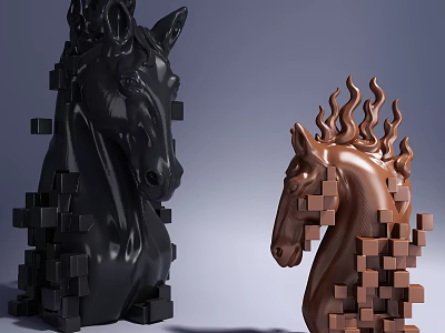Artistic Horse Head Sculptures With Black Brown Cube Structure And Flame Design 3d model