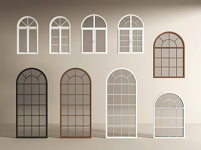 Various Styles Of French Windows With Arched Designs And Grid Glass In Different Colors 3d model