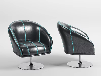 Modern Black Leisure Chair With Blue Stitching And Silver Metal Swivel Base 3d model