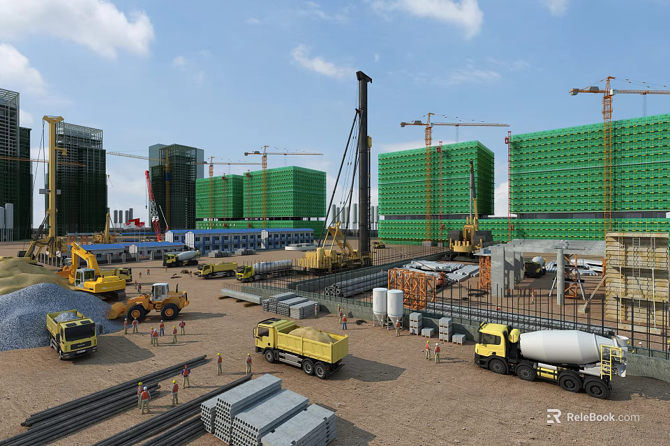 Active Construction Site With Cranes Vehicles Materials And High Rise Buildings 3d model 
