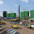 Active Construction Site With Cranes Vehicles Materials And High Rise Buildings 3d model