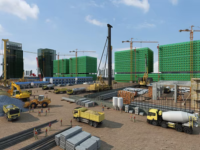 Modern construction site work shed migrant workers dormitory tower crane scaffolding engineering vehicle cement mortar mixer pile driver sand pile pile 3d model