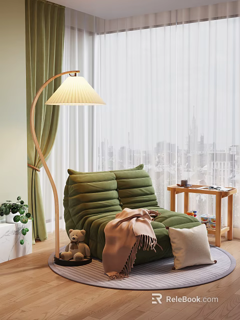 Green Two Seater Bean Bag Chair With Blanket Floor Lamp And City View Window 3d model 