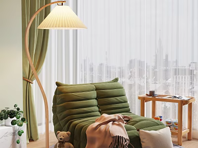 Green Two Seater Bean Bag Chair With Blanket Floor Lamp And City View Window 3d model