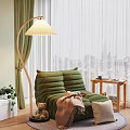 Green Two Seater Bean Bag Chair With Blanket Floor Lamp And City View Window