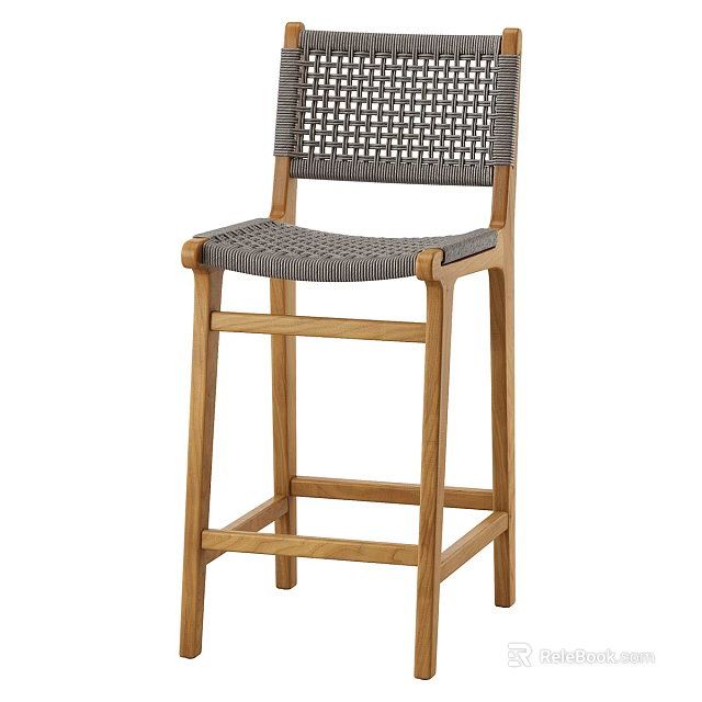 Modern Wooden Bar Stool With Woven Gray Seat And Backrest Design 3d model 