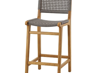 Modern Wooden Bar Stool With Woven Gray Seat And Backrest Design 3d model